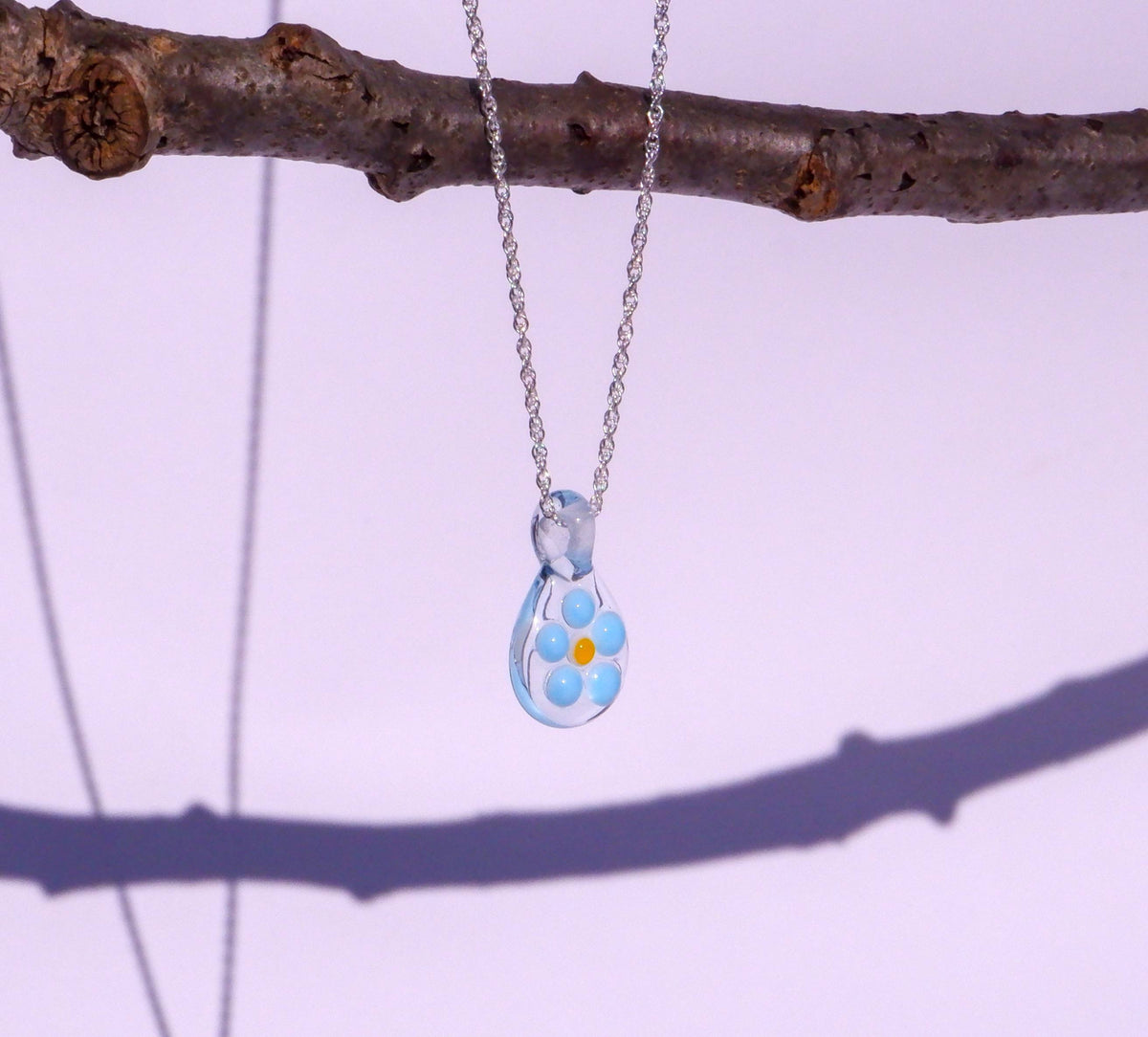 Glass Forget-me-not pendant on sterling silver chain necklace 【enasoluna】forget me knot necklace